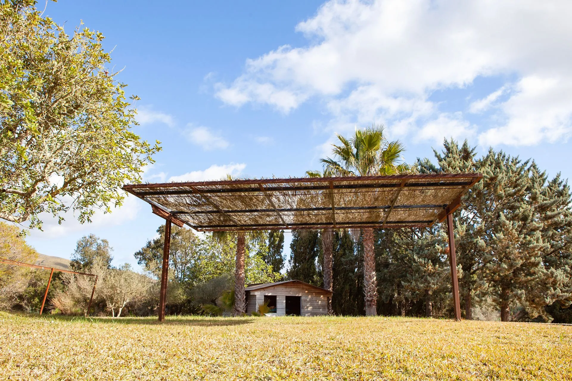 A pergola standing out in a green field at the edge of the grounds